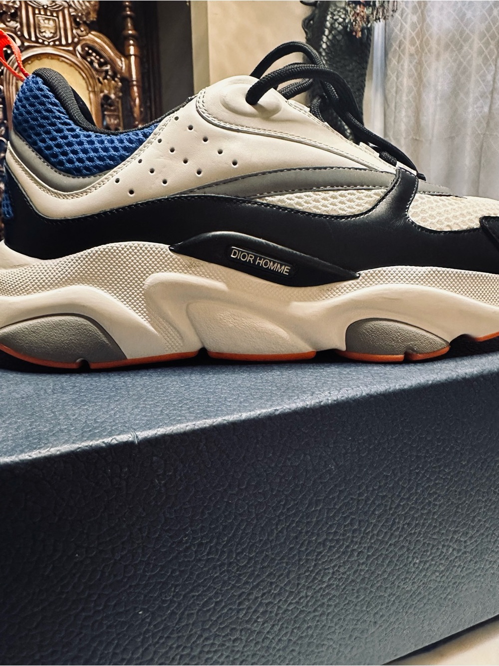Dior Men's Chunky Sneakers in White, Black & Blue with Orange Accents - Picture 10 of 10